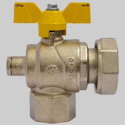VALVOLA GAS A SFERA F/F AD ANGOLO CON PRESA PRESSIONE DADO GIREVOLE FARFALLA ALLUMINIO