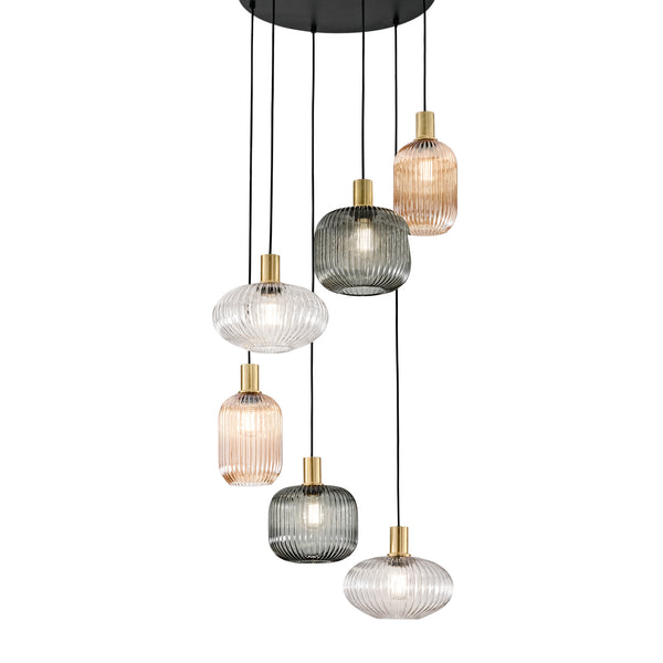 SOSPENSIONE EGADI NERO E SMOKE/AMBRA/TRASPARENTE IN METALLO E VETRO SEI PENDENTI E27 6X40W, MISURE LAMP. 2 PZ. Dia14XH20CM, 2 PZ. Dia20XH18CM, 2 PZ. Dia25XH15CM, MISURE STRUTT. 45X45X320CM