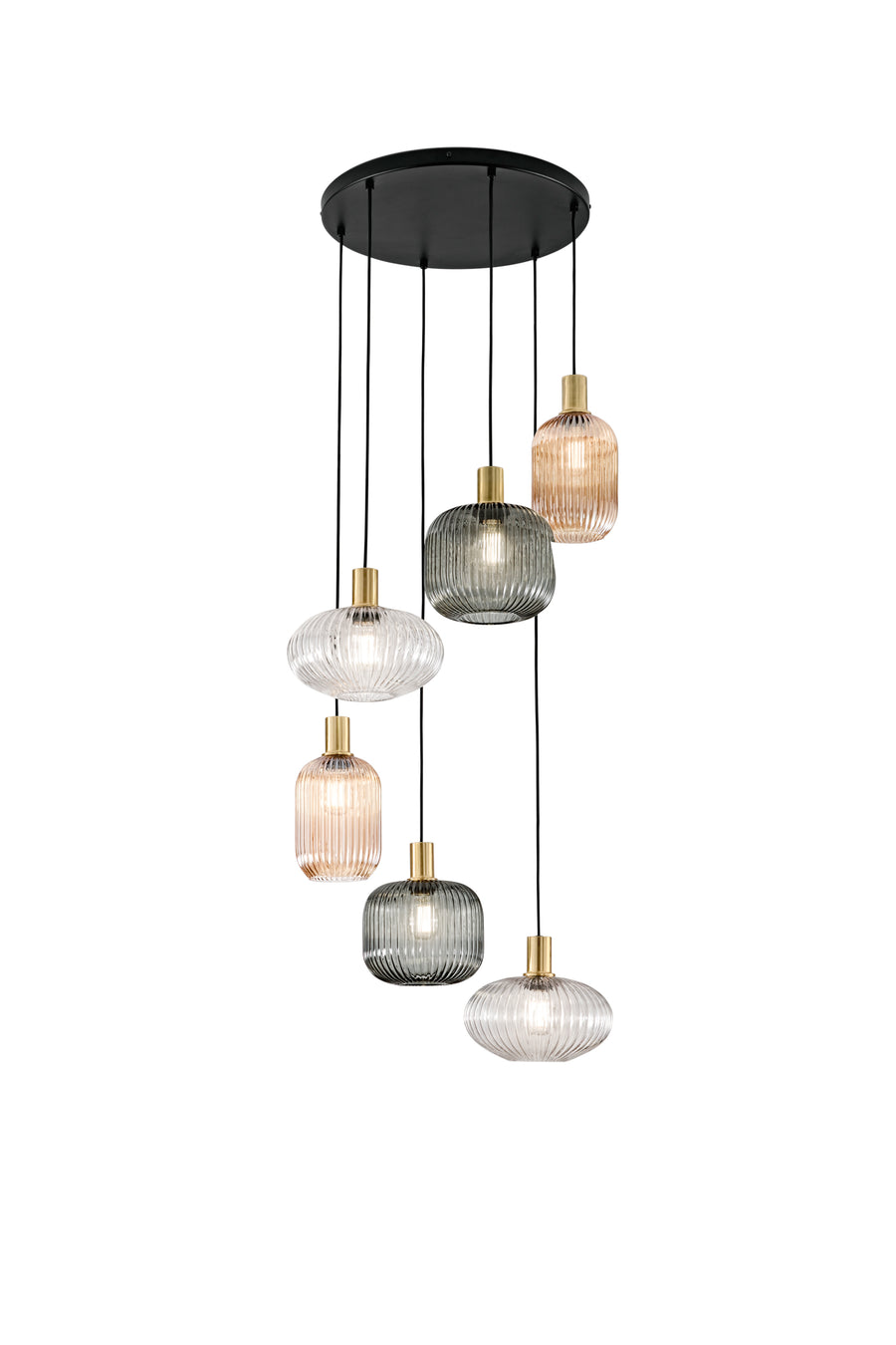 SOSPENSIONE EGADI NERO E SMOKE/AMBRA/TRASPARENTE IN METALLO E VETRO SEI PENDENTI E27 6X40W, MISURE LAMP. 2 PZ. Dia14XH20CM, 2 PZ. Dia20XH18CM, 2 PZ. Dia25XH15CM, MISURE STRUTT. 45X45X320CM