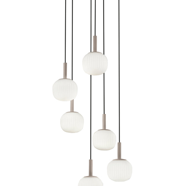 SOSPENSIONE ERIS BIANCO E MARRONE SEI PENDENTI IN ALLUMINIO+VETRO 6XE14 106X16X150CM