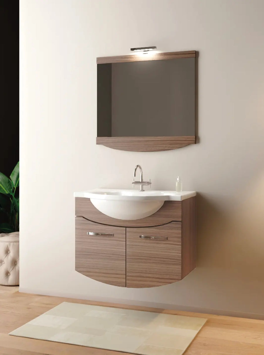 Mobile Bagno Sospeso 85 cm Olmo con Specchiera, LED e Lavabo Integrato - Serie IRIS85LO Mobo