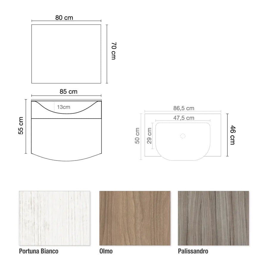 Mobile Bagno Sospeso 85 cm Olmo con Specchiera, LED e Lavabo Integrato - Serie IRIS85LO Mobo