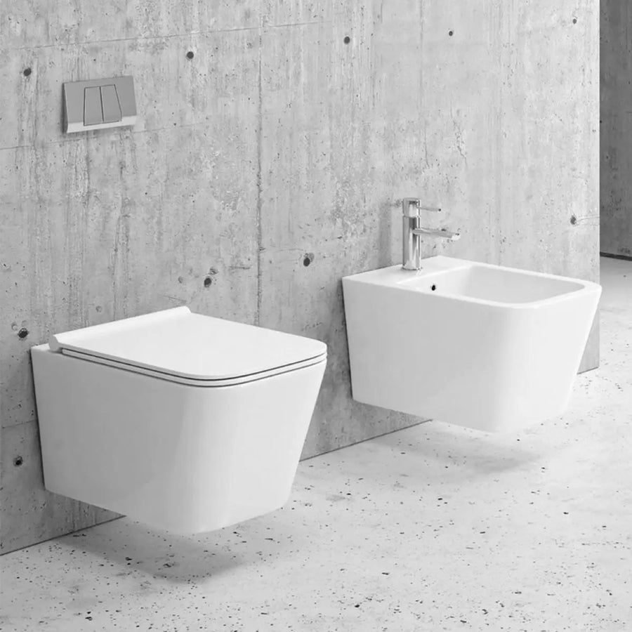 Vaso WC Sospeso in Ceramica Bianca Senza Brida (Rimfree) - Serie PLUMAVS Barbottina